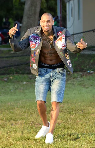 Here's Chucky - Are those scary clowns we see on Brown's leather jacket? (Photo: INFphoto.com)