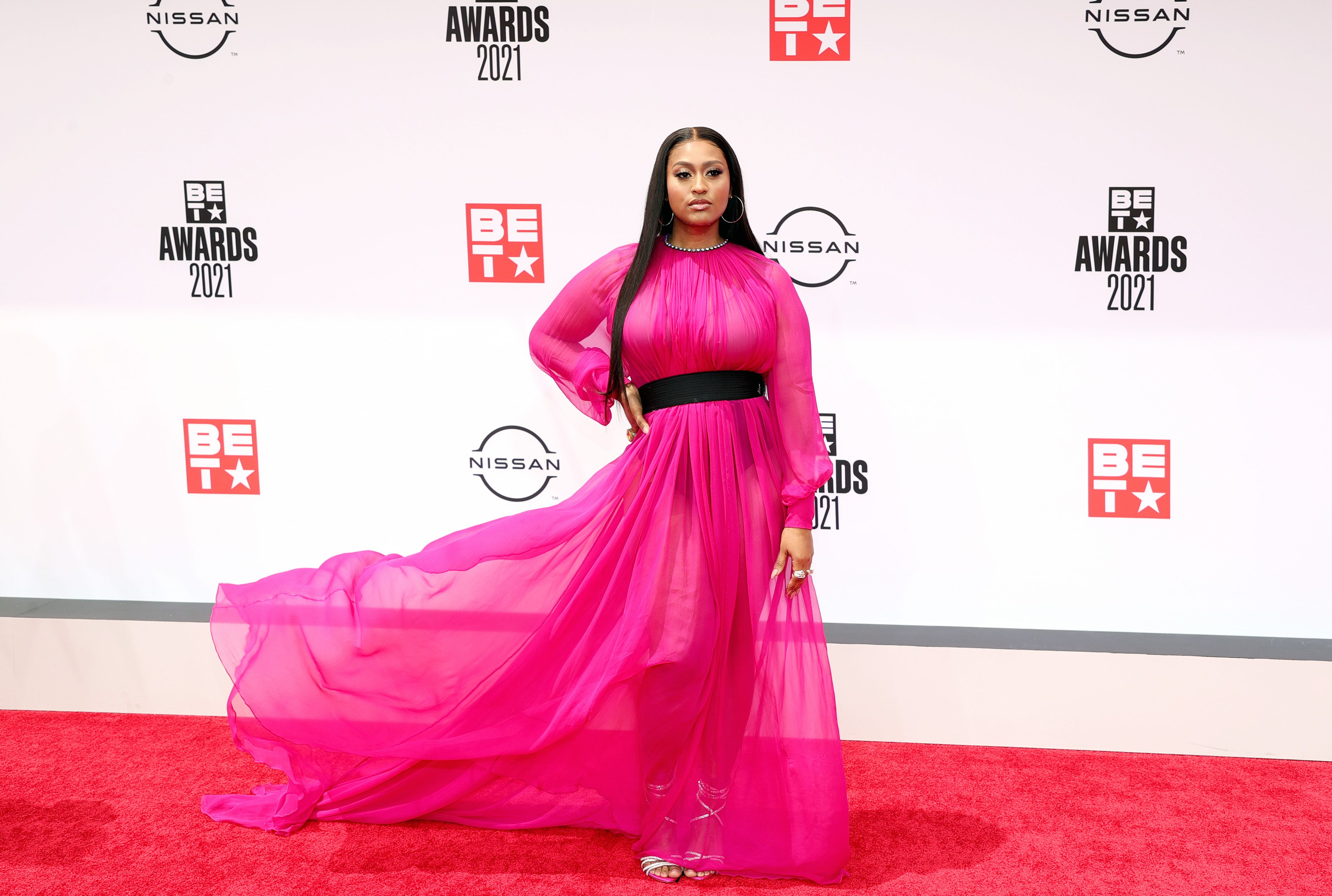 LOS ANGELES, CALIFORNIA - JUNE 27: Jazmine Sullivan attends the BET Awards 2021 at Microsoft Theater on June 27, 2021 in Los Angeles, California. (Photo by Rich Fury/Getty Images,,)