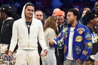 FEB 15: Trae Young and Ludacris&nbsp; - Trae Young and Ludacris attends the 2020 State Farm All-Star Saturday Night. Luda wore a vintage all star jacket. (Photo: Kevin Mazur/Getty Images)