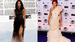 3-D - Ciara is serving up legs and a whole lot of drama in this feathered couture dress. Rihanna’s fighting back by working her gown’s textured layers with her curves. (Photos, from left: Frederick M. Brown/Getty Images,  Ian Gavan/Getty Images)