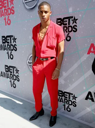 Keith Powers - Straight Outta Compton actor&nbsp;Keith Powers was red hot with his matching&nbsp;button down and slacks. And we appreciate the layered gold chains. We see you brotha'.(Photo: Maury Phillips/BET/Getty Images for BET)