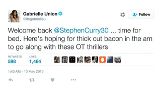 Gabrielle Union - After witnessing Chef Curry's fireworks, there isn't anything to do but call it a night. Good call,&nbsp;Gabrielle. Crazy, too, because her hubby&nbsp;Dwyane Wade's Miami Heat&nbsp;just had an overtime game before Curry set it off against the&nbsp;Portland Trail Blazers.