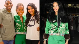 Marjorie Harvey and Rihanna - Mrs. Harvey's look lacks edge while&nbsp;RiRi's raven locks make her&nbsp;green floral Gucci&nbsp;Spring 2016 tracksuit really pop.&nbsp;(Photo:&nbsp;Marjorie Harvey via Instagram,&nbsp;Splash News)