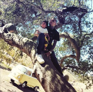 In the Clouds - Climbing trees is way more fun with daddy. &nbsp;(Photo: Chris Brown via Instagram)