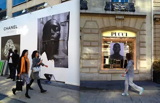 Africa Interrupts Paris Fashion Week - A group of clandestine activists working in concert with French photographer JR’s &quot;Inside Out Project&quot; plastered the faces of young men from Sierra Leone on the windows of Paris’ most exclusive shops in efforts to spread awareness about wealth disparities.(Photo: Courtesy of AfricaisaCountry.com/Mallence Bart-Williams)