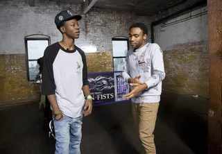 Candid Swag - Childish Gambino going over some swag&nbsp;etiquette with Joe Bada$ between takes.&nbsp;(Photo: Derek Reed / Picture Group / BET)