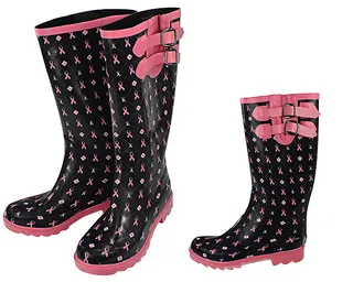 Rain Boots - "Walk the walk" with these rain boots adorned with pink ribbons for breast cancer awareness.&nbsp;(Photo: thebreastcancersite.com)