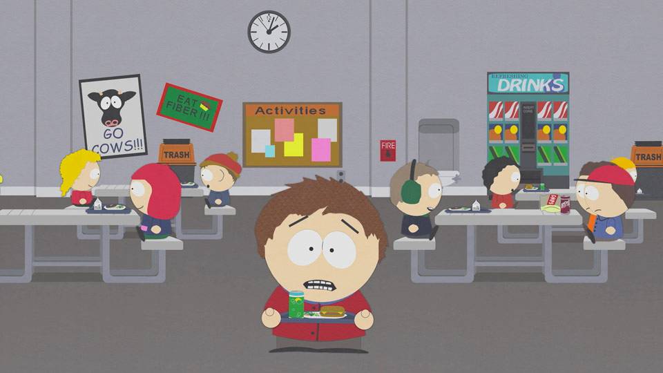 Cafeteria, Stan, kyle, Cartman, Kenny, Clyde, chef, religion - First Taste  of New Chef - South Park (Video Clip) | South Park Studios Global