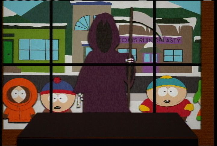 Kenny, kyle, Cartman, Stan, Grandpa Marsh, Terrance and Phillip, TV