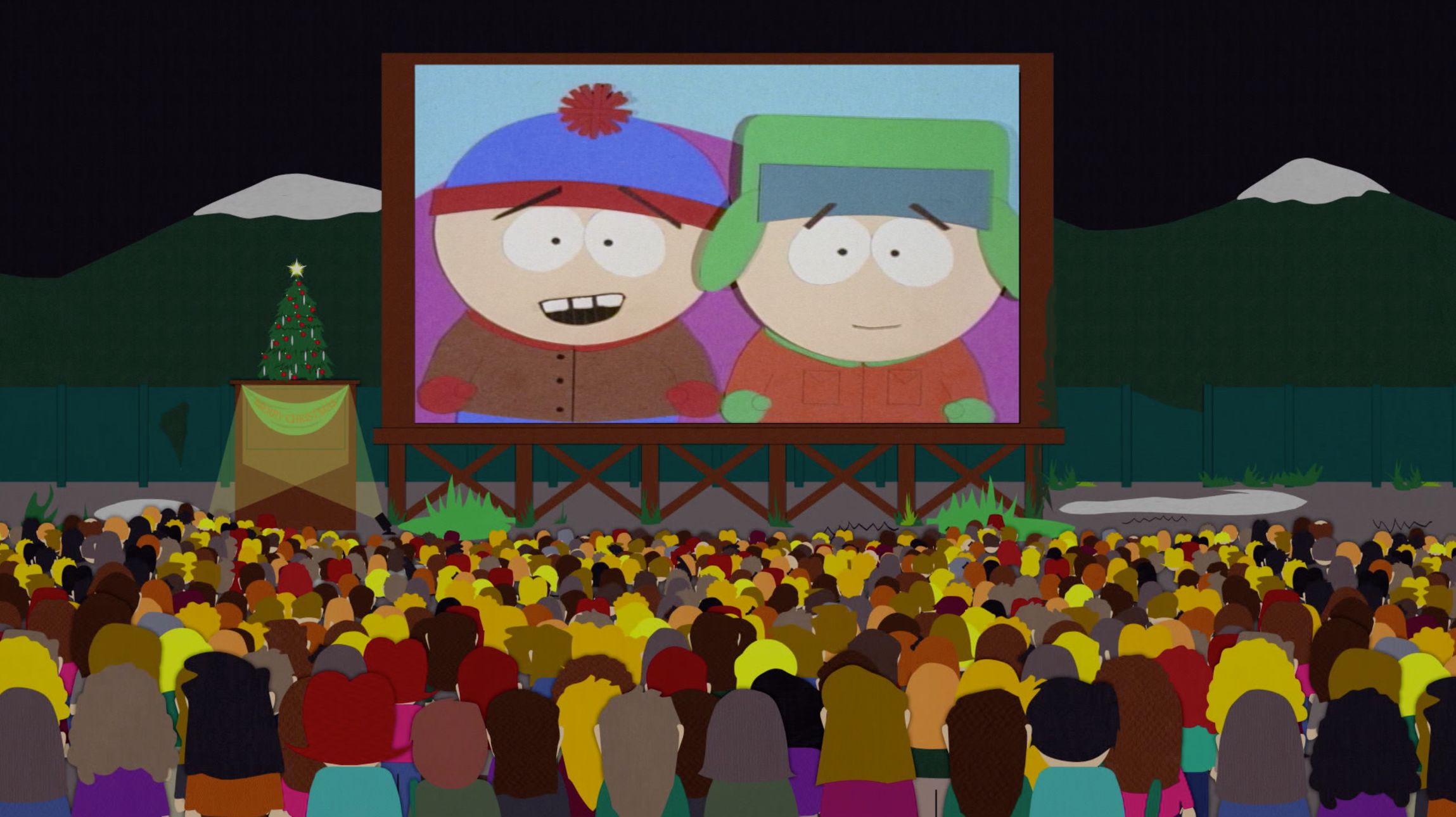 Cartman, kyle, Kenny, Stan, Camp counselor, Randy Marsh, Mayor