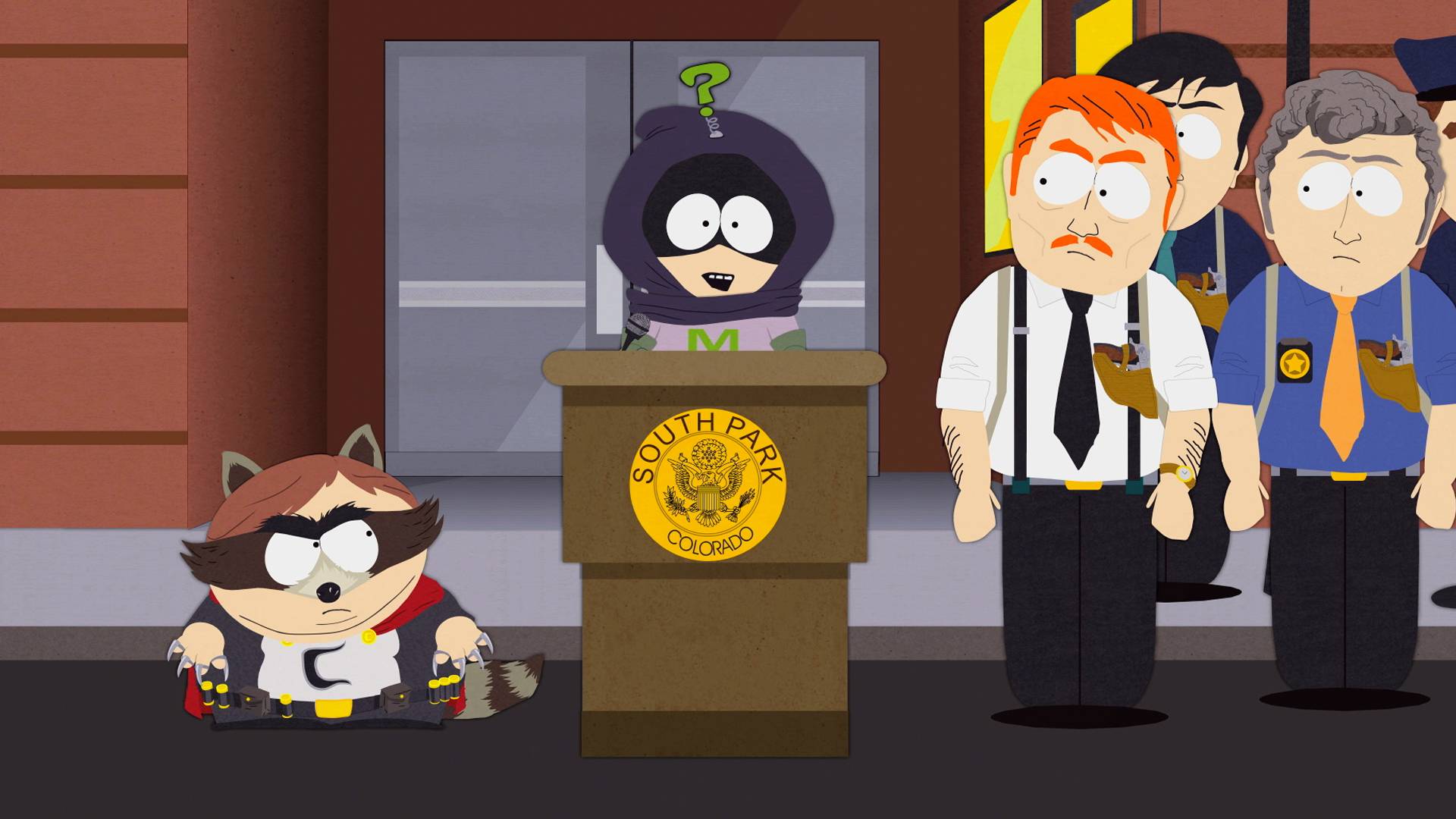 Mysterion, Sergeant Yates, police business, The Coon, Garrison, Prison,  Cartman, bikes - It Has To End - South Park (Video Clip) | South Park  Studios US