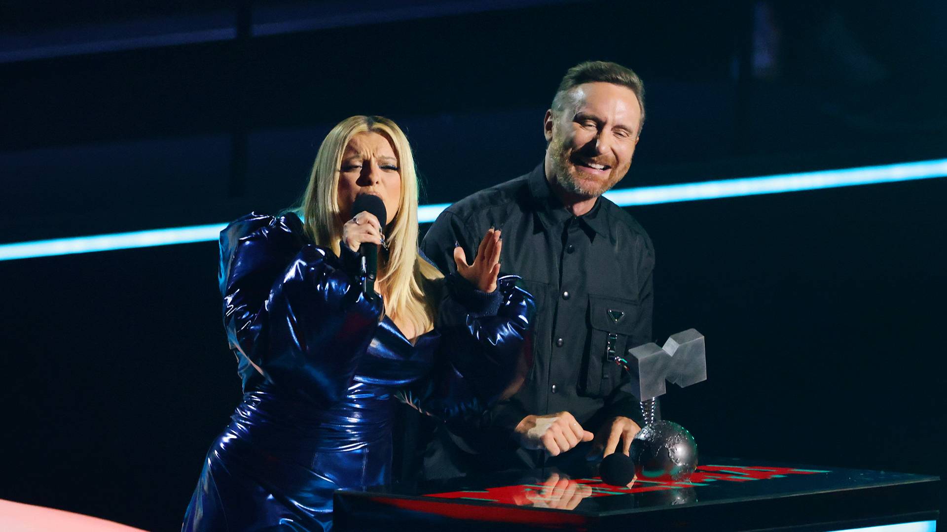 Bebe Rexha and David Guetta accept the Best Collaboration Award on stage during the MTV Europe Music Awards 2022 held at PSD Bank Dome on November 13, 2022 in Duesseldorf, Germany. (Photo by Andreas Rentz/Getty Images for MTV)