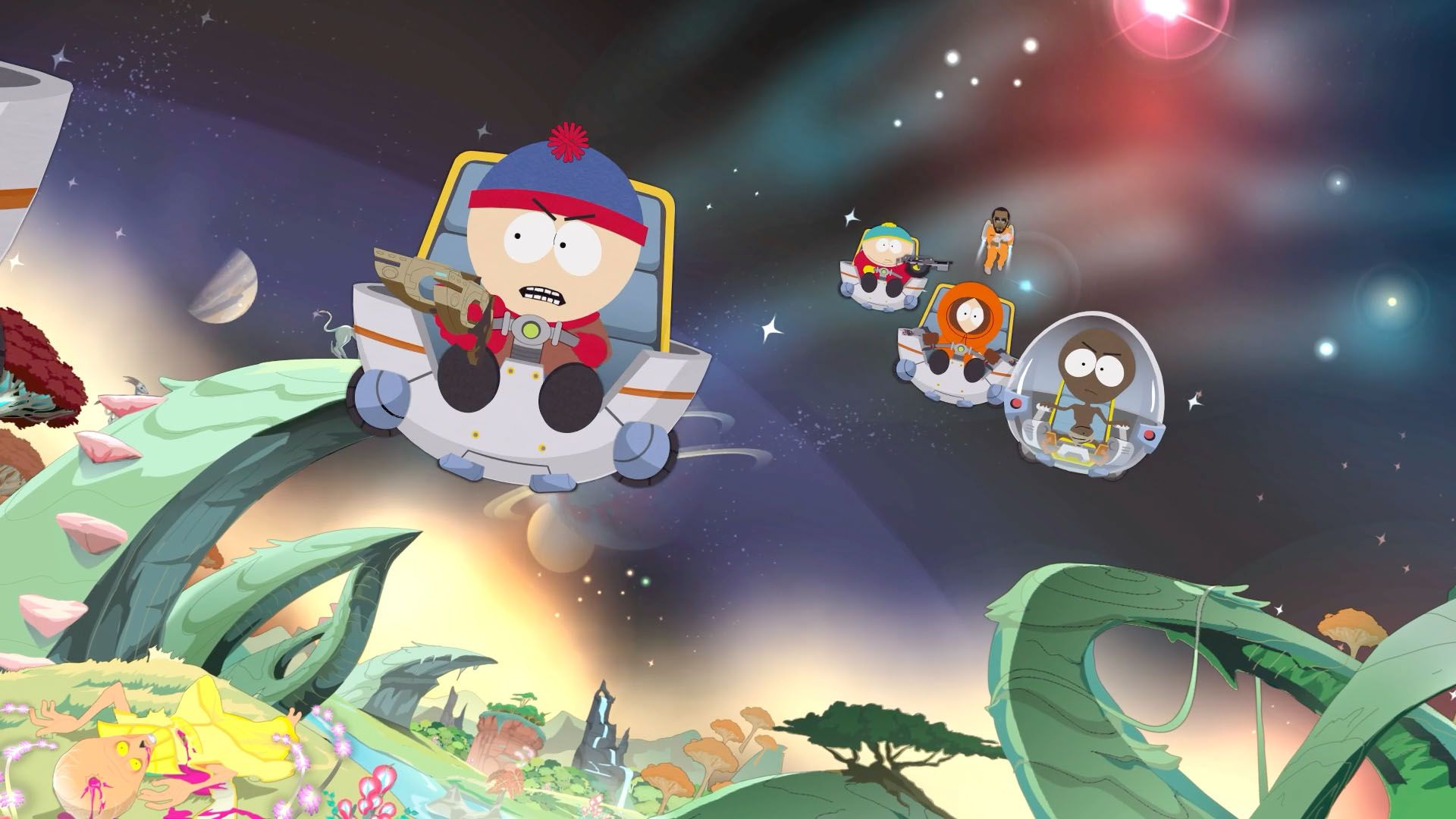 Stan, Cartman, Kenny, and others fly through space over an alien planet.