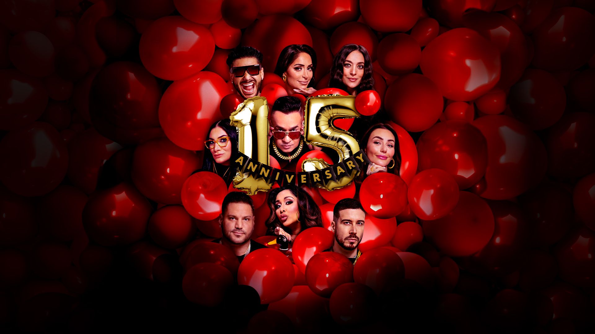 The cast of Jersey Shore Family Vacation peaking out of 15th anniversary balloons.