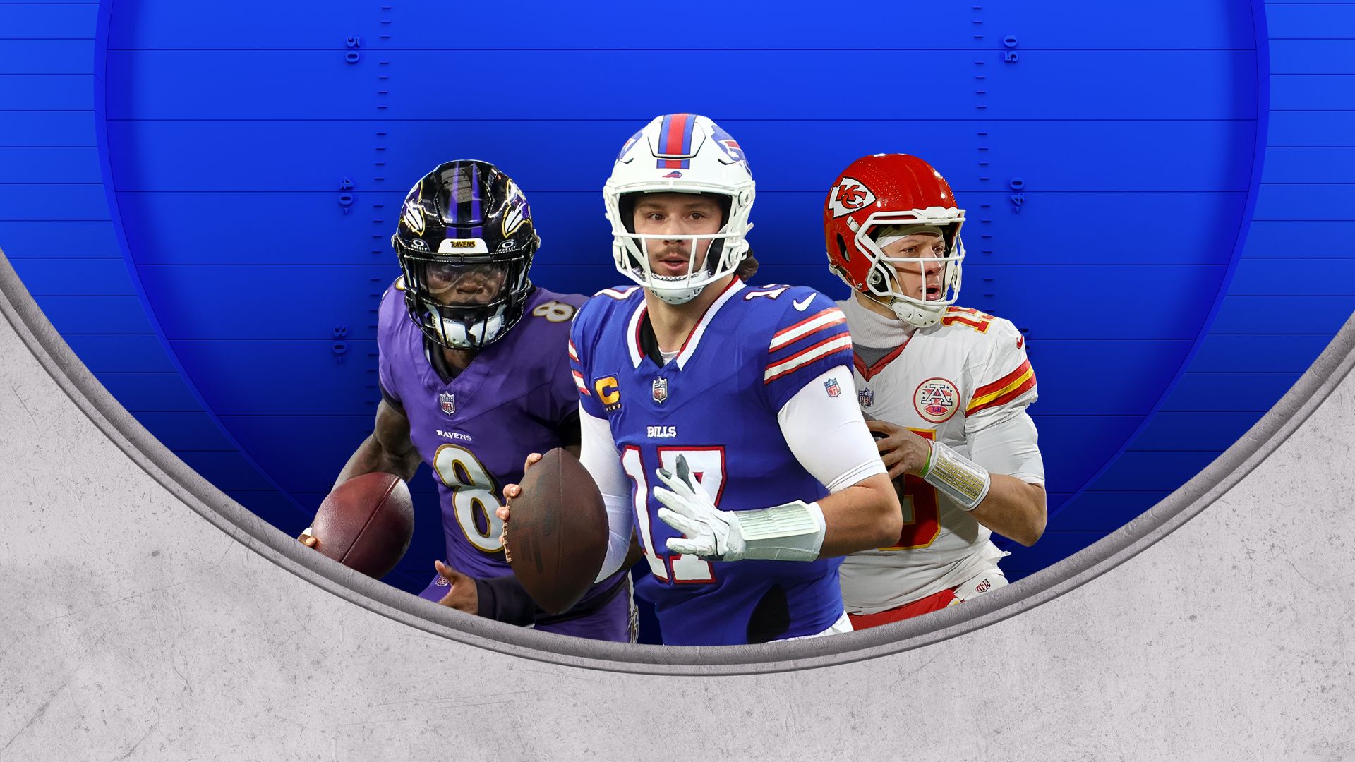 Josh Allen, Lamar Jackson, and Patrick Mahomes from the NFL on CBS.