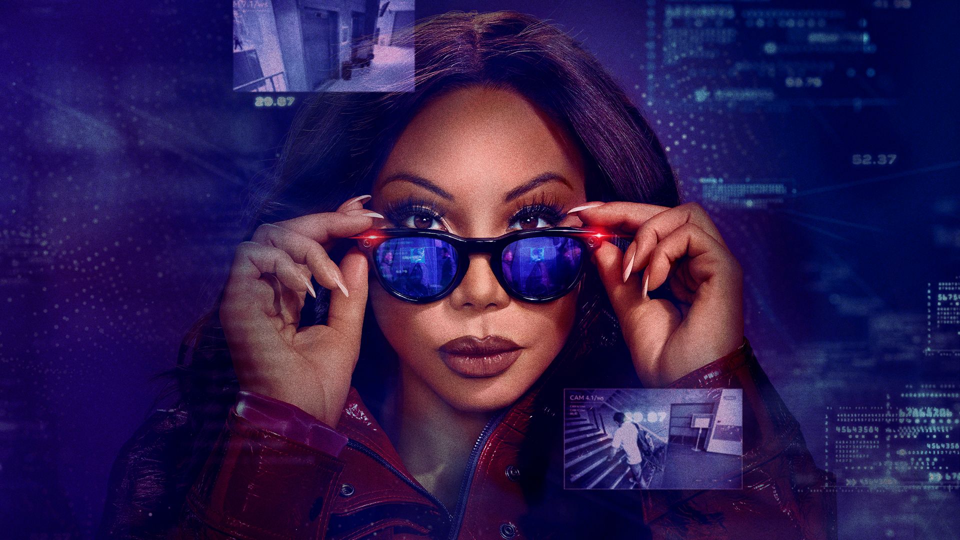 Host Tamar Braxton looking through a pair of glasses with high-tech artistic imagery surrounding them.