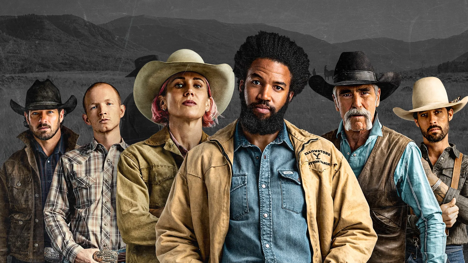 Yellowstone Official Podcast image with cast members from Season 5.