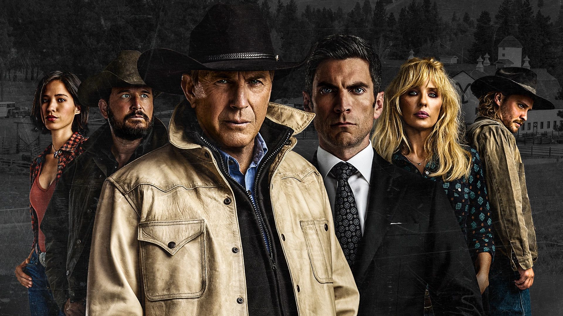The cast of Yellowstone over a black and white background image of Dutton Ranch.
