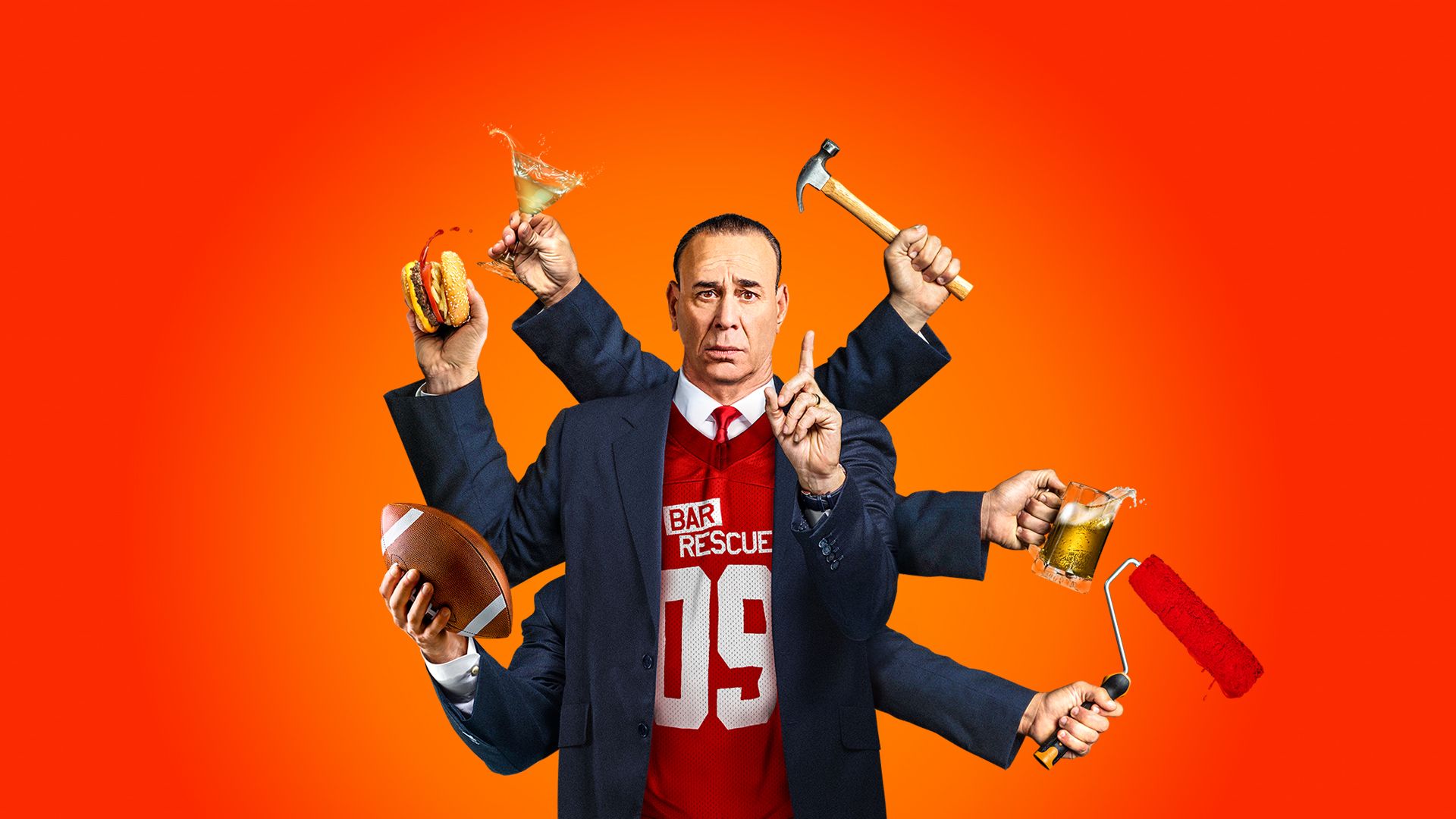 Image of Bar Rescue host Jon Taffer with multiple arms extending out holding different bar-related items.