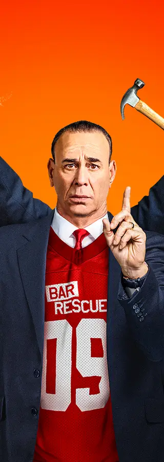 Image of Bar Rescue host Jon Taffer with multiple arms extending out holding different bar-related items.